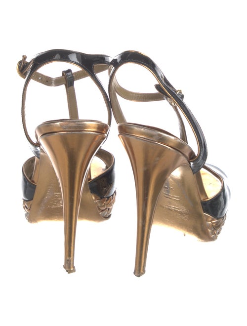 Yves Saint Laurent Rive Gauche Vegan Patent Leather Braided Accents T-Strap Sandals