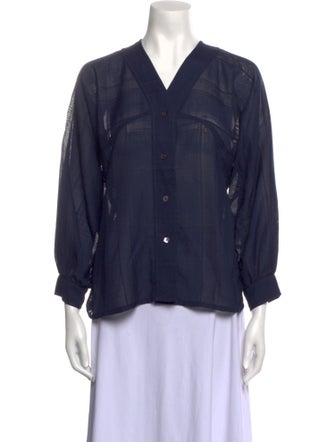 Yves Saint Laurent Rive Gauche V-Neck Three-Quarter Sleeve Button-Up Top