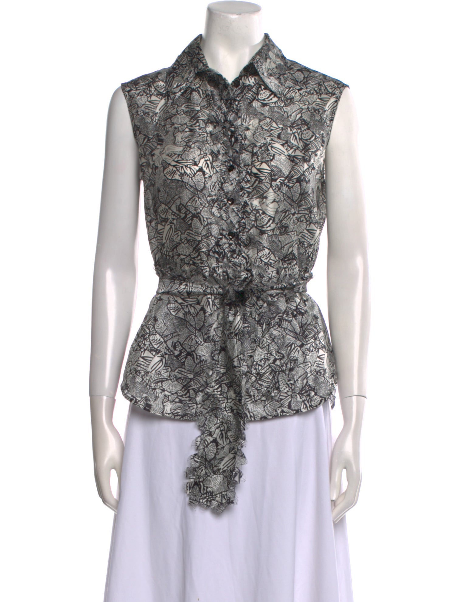 Yves Saint Laurent Rive Gauche Printed Sleeveless Button-Up Top