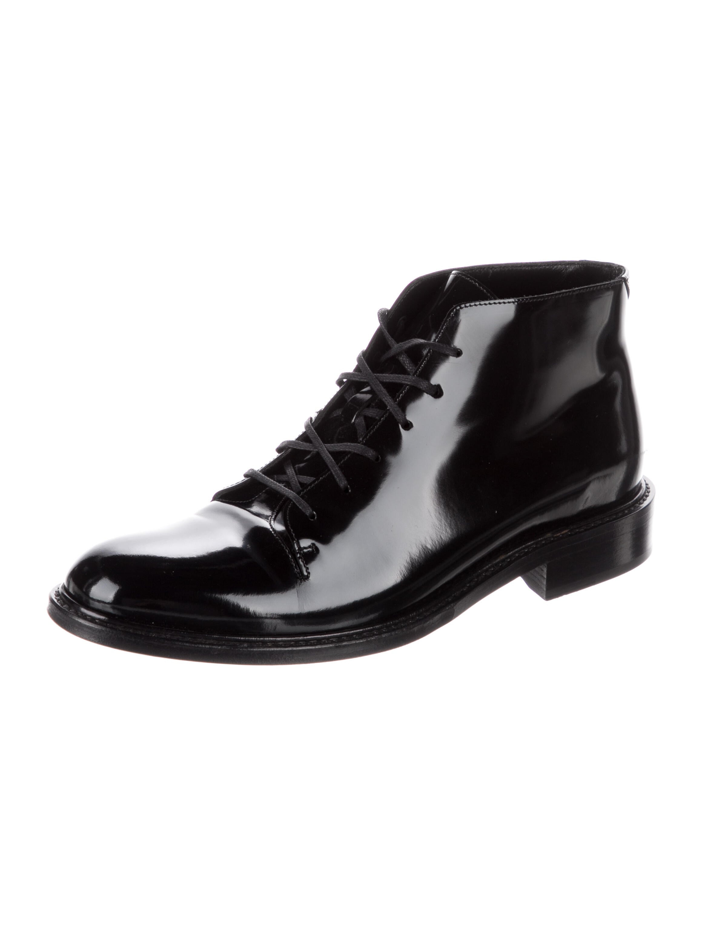 Saint Laurent Patent Leather Whipstitch Trim LaceUp Boots Black