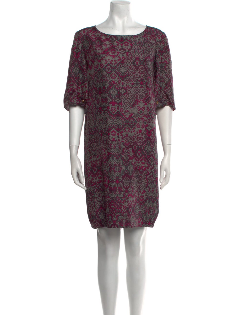 Yves Saint Laurent Silk Shift Dress Grey Printed Short Sleeve with Bateau Neckline