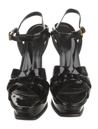 Saint Laurent Patent Leather Cutout Accent T-Strap Sandals