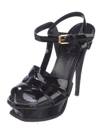 Saint Laurent Patent Leather Cutout Accent T-Strap Sandals