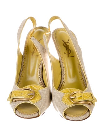 Yves Saint Laurent Canvas Leather Trim Embellishment Slingback Pumps