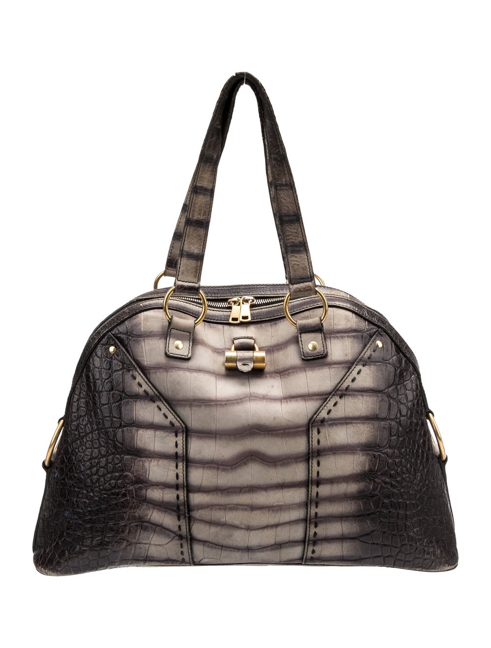 Yves Saint Laurent Top Handle Bag Grey Leather Animal Print Gold-Tone Hardware Handles & Dual Shoulder Straps Leather Trim Embellishment Satin Lining & Dual Interior Pockets