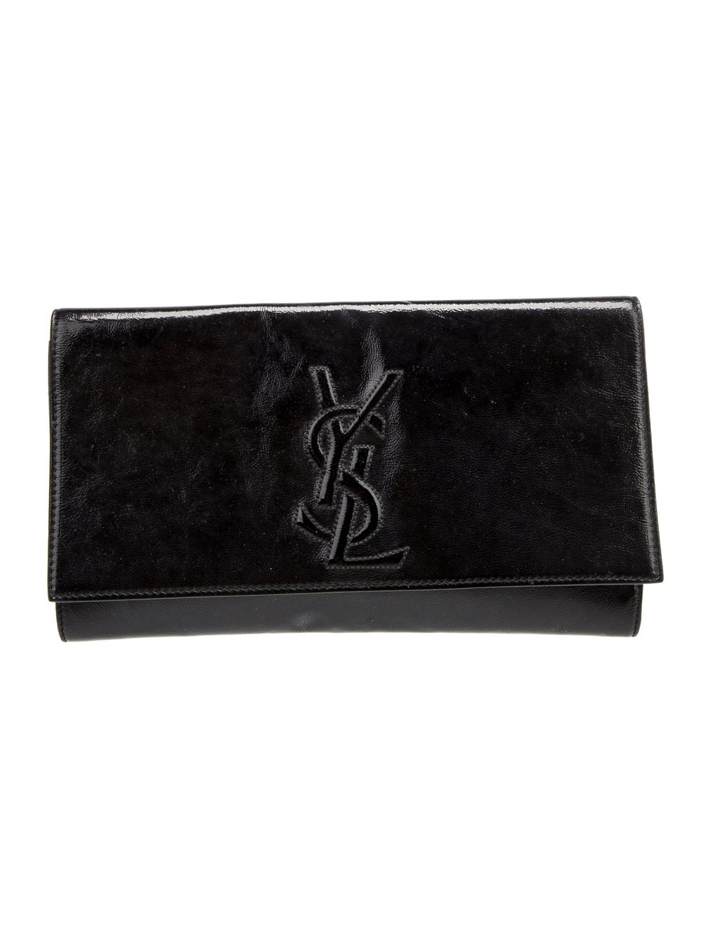 Yves Saint Laurent Clutch Black Patent Leather Silver-Tone Hardware Satin Lining & Single Interior Pocket Snap Closure at Front