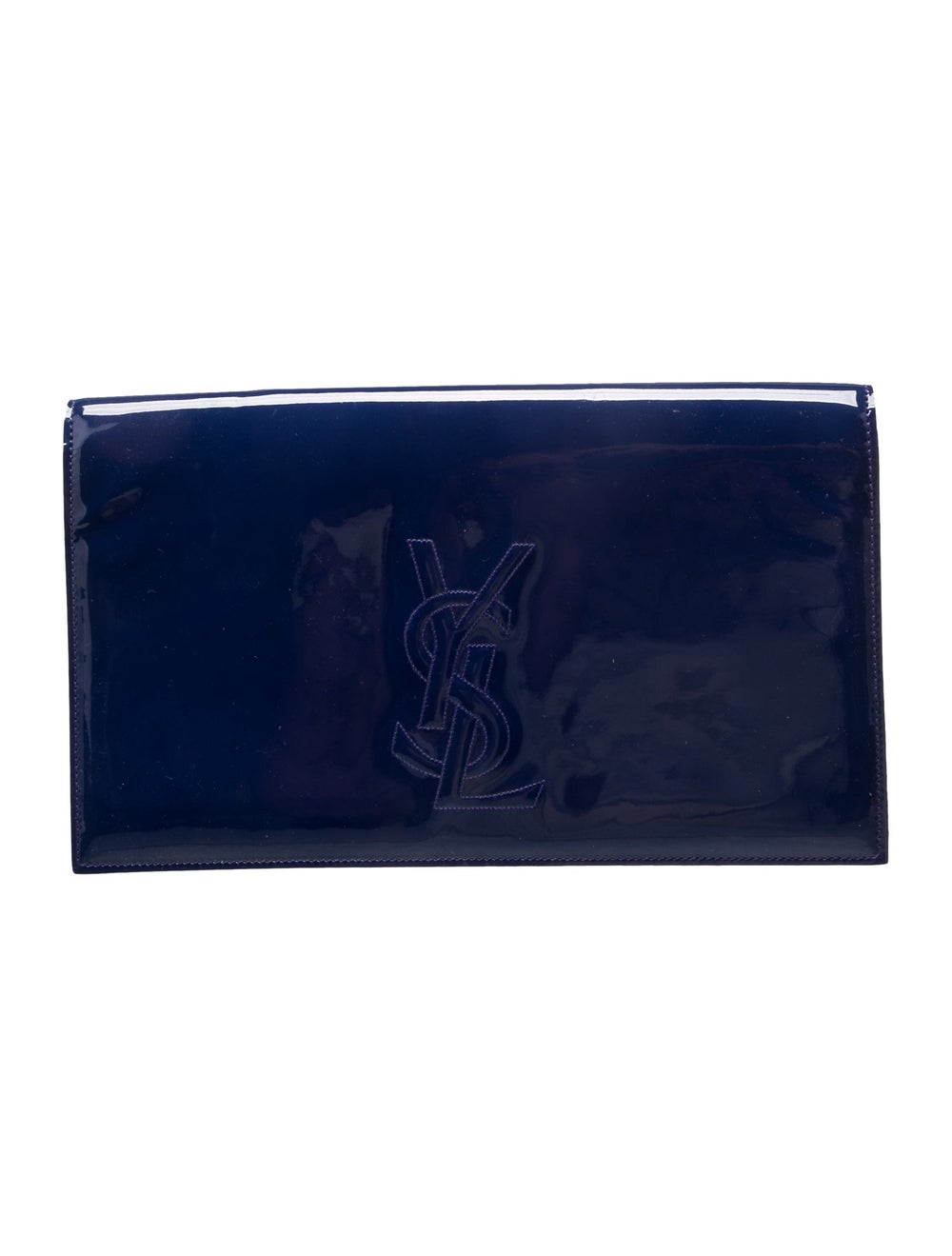 Yves Saint Laurent Clutch Blue Patent Leather Gold-Tone Hardware Satin Lining & Single Interior Pocket Snap Closure at Front