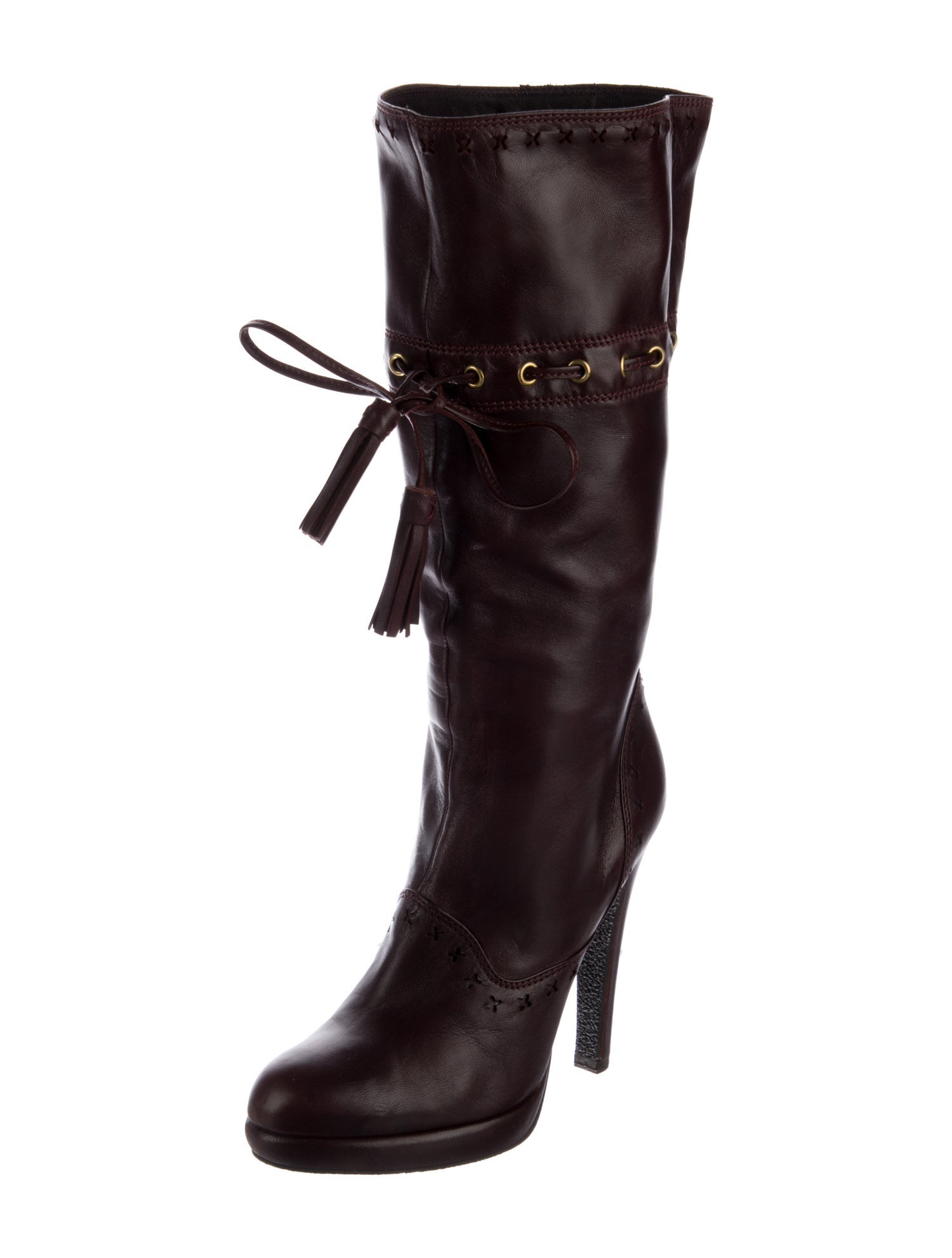 Yves Saint Laurent Rive Gauche Leather Lasercut Accents Lace-Up Boots