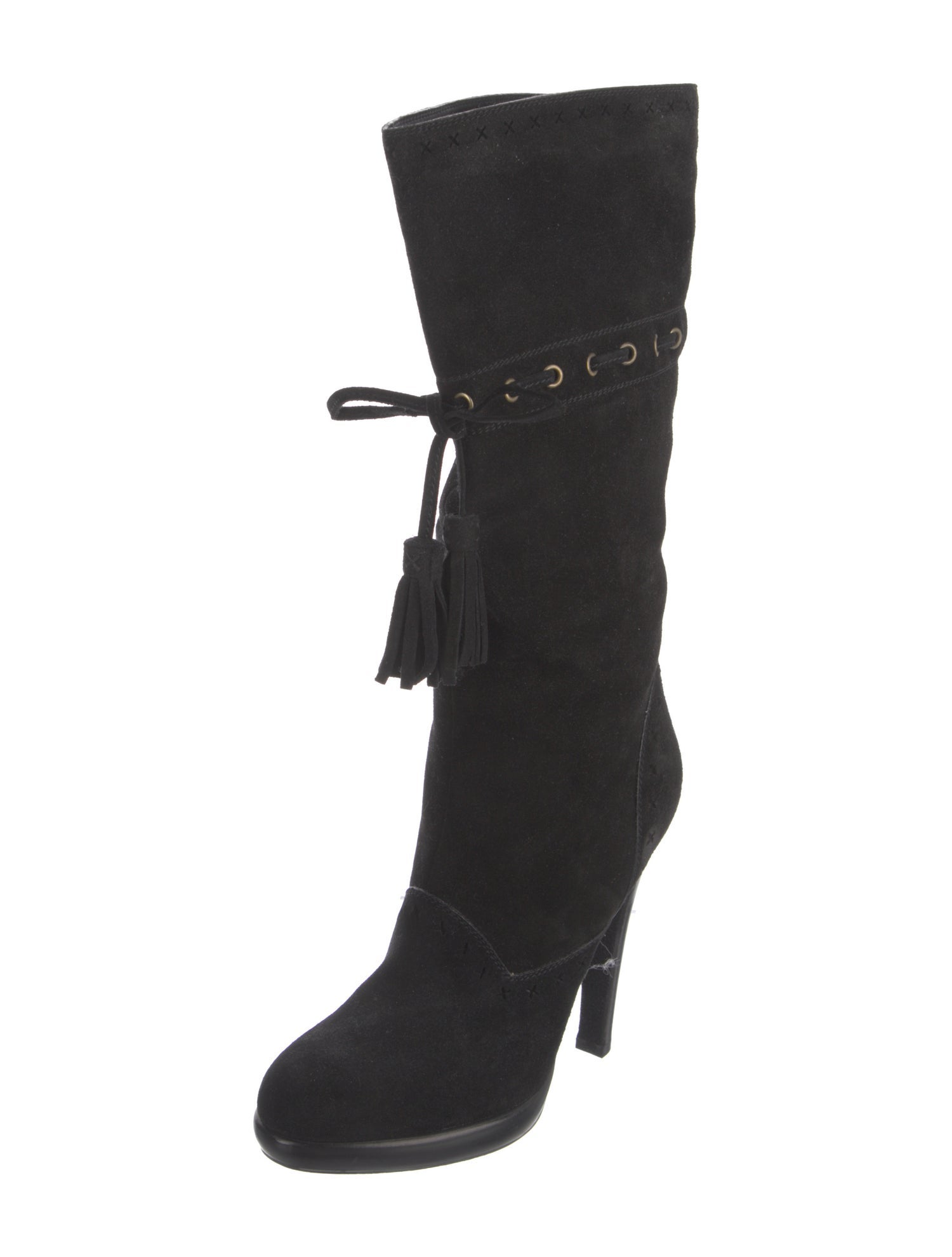 Yves Saint Laurent Suede Tassel Accents Lace-Up Boots