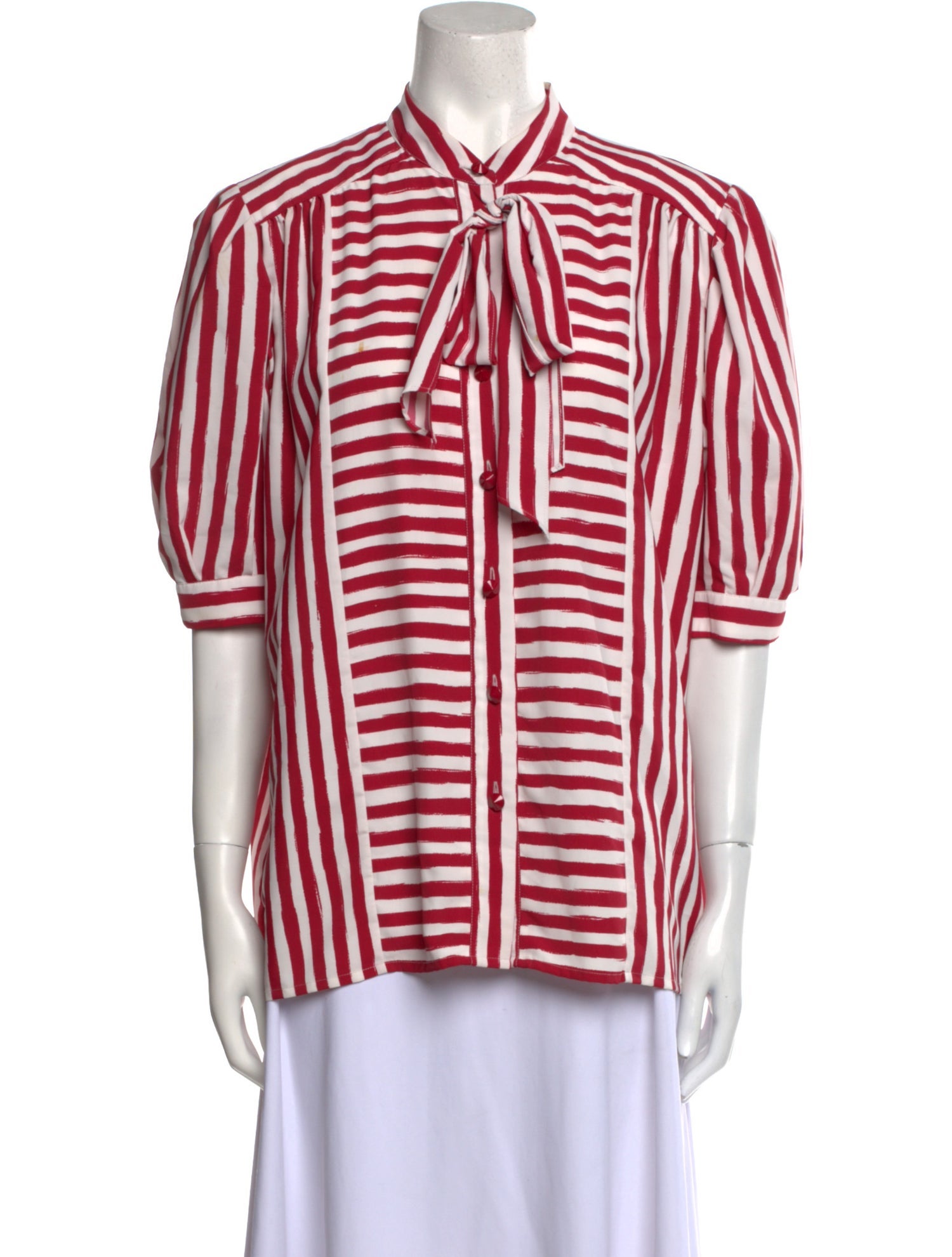Yves Saint Laurent Striped Mock Neck Button-Up Top