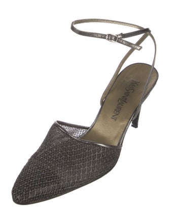 Yves Saint Laurent Mesh Leather Trim Embellishment Slingback Pumps