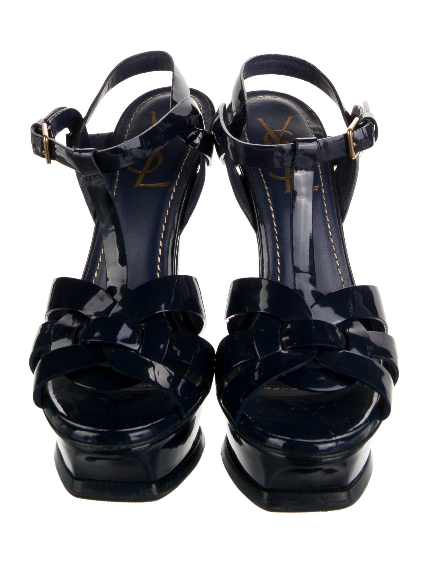 Yves Saint Laurent Rive Gauche Patent Leather Cutout Accent T-Strap Sandals