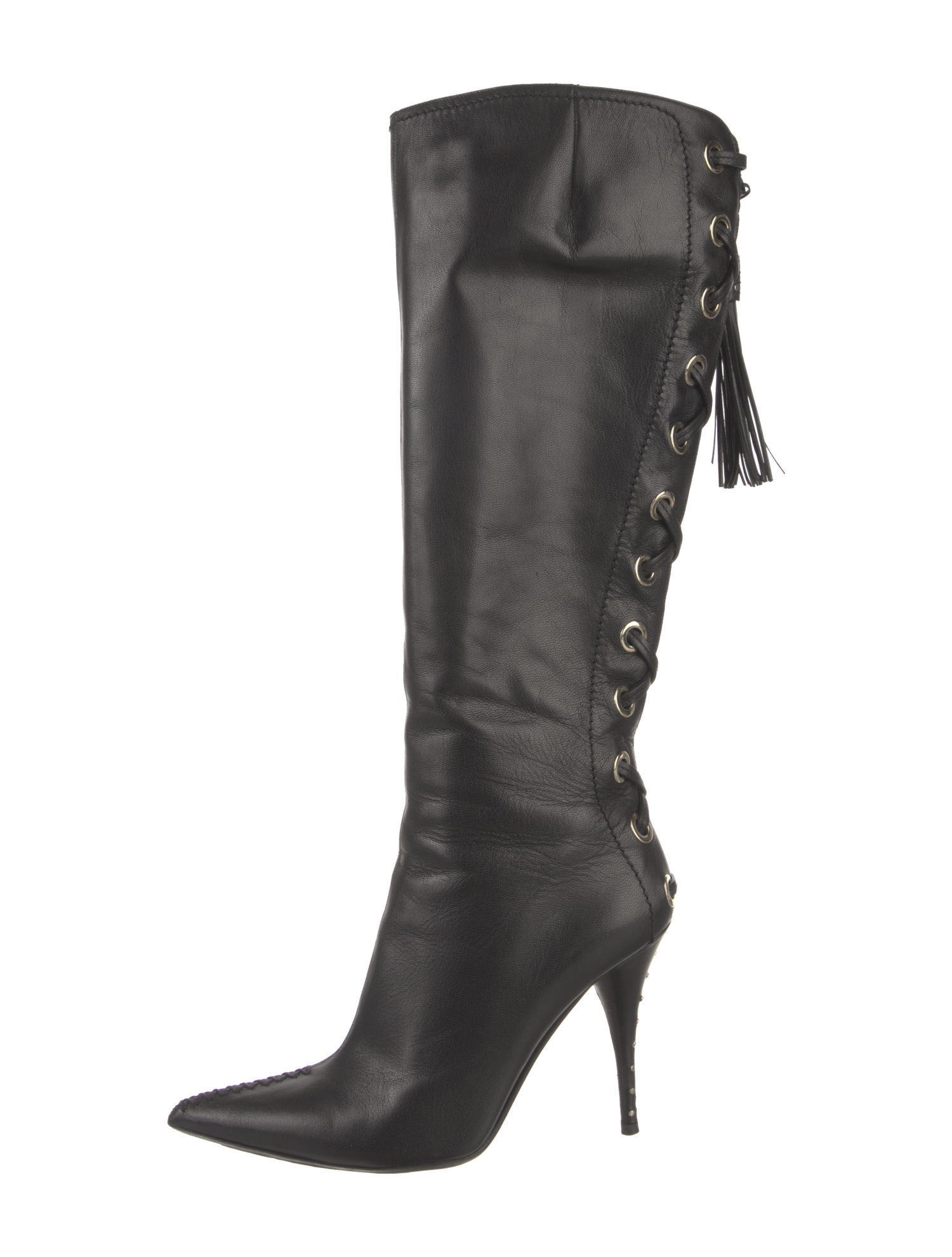 Yves Saint Laurent Leather Tassel Accents Lace-Up Boots