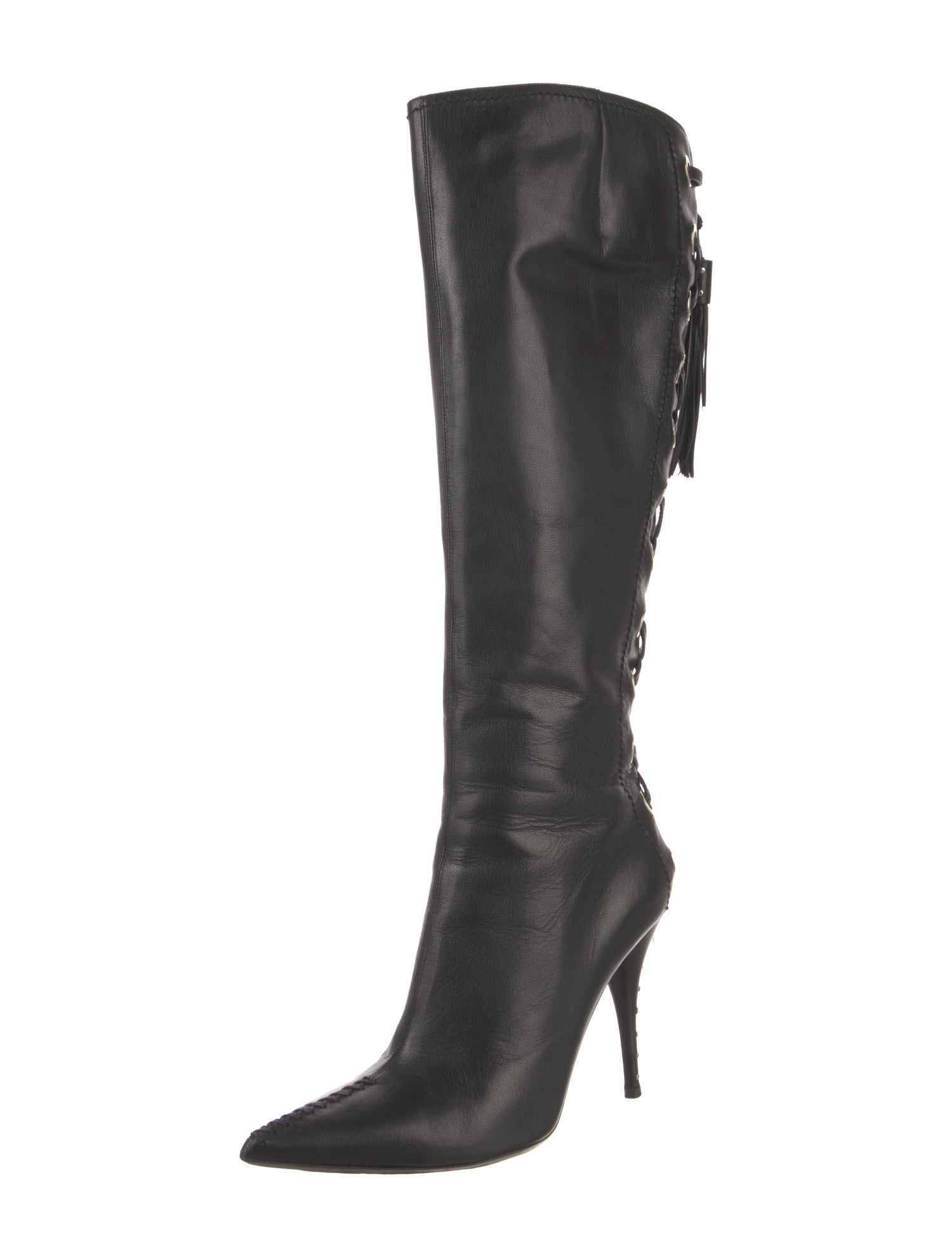 Yves Saint Laurent Leather Tassel Accents Lace-Up Boots