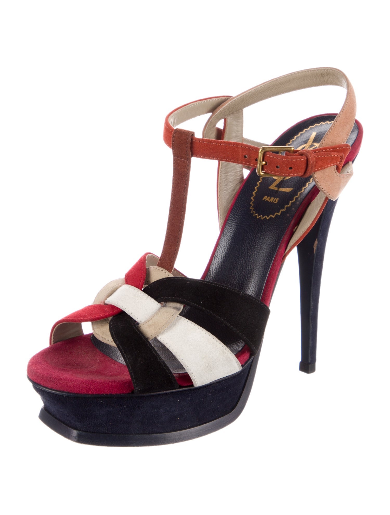 Yves Saint Laurent Suede Colorblock Pattern T-Strap Sandals