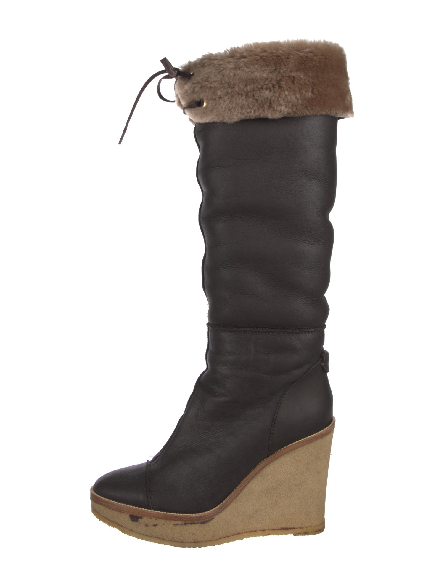 Yves Saint Laurent Leather Fur Trim Lace-Up Boots