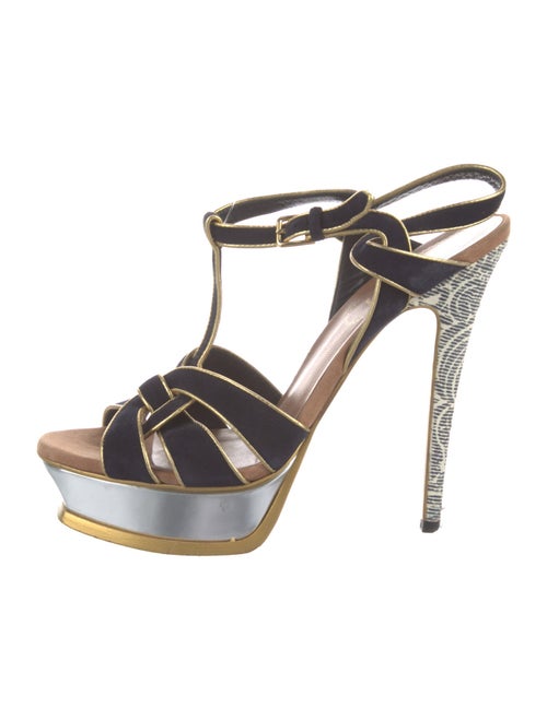 Yves Saint Laurent Suede Colorblock Pattern T-Strap Sandals