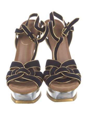 Yves Saint Laurent Suede Colorblock Pattern T-Strap Sandals