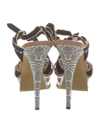 Yves Saint Laurent Suede Colorblock Pattern T-Strap Sandals