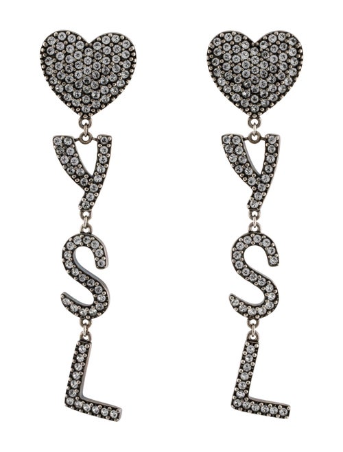 Yves Saint Laurent Crystal Heart YSL Drop Clip-On Earrings