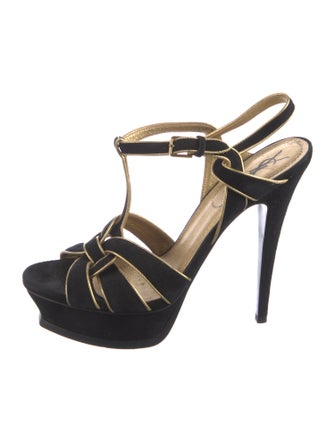 Yves Saint Laurent Suede Leather Trim Embellishment T-Strap Pumps