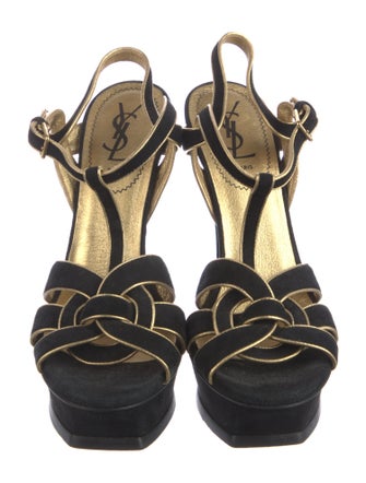 Yves Saint Laurent Suede Leather Trim Embellishment T-Strap Pumps
