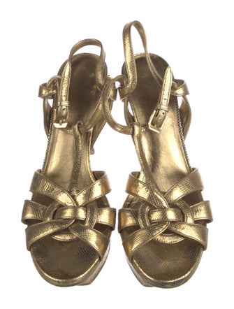 Saint Laurent Leather Animal Print T-Strap Sandals