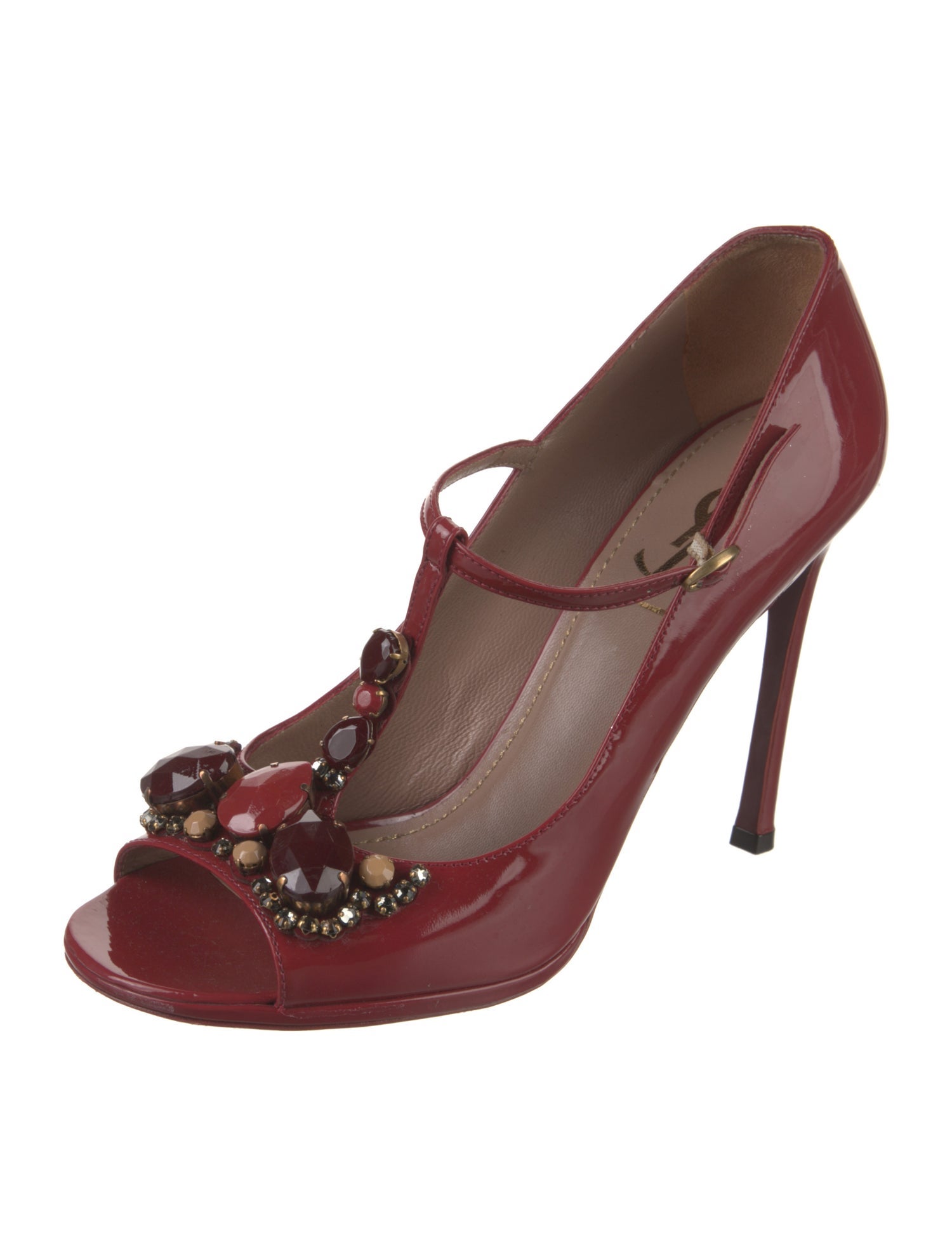 Yves Saint Laurent Patent Leather Crystal Embellishments T-Strap Sandals