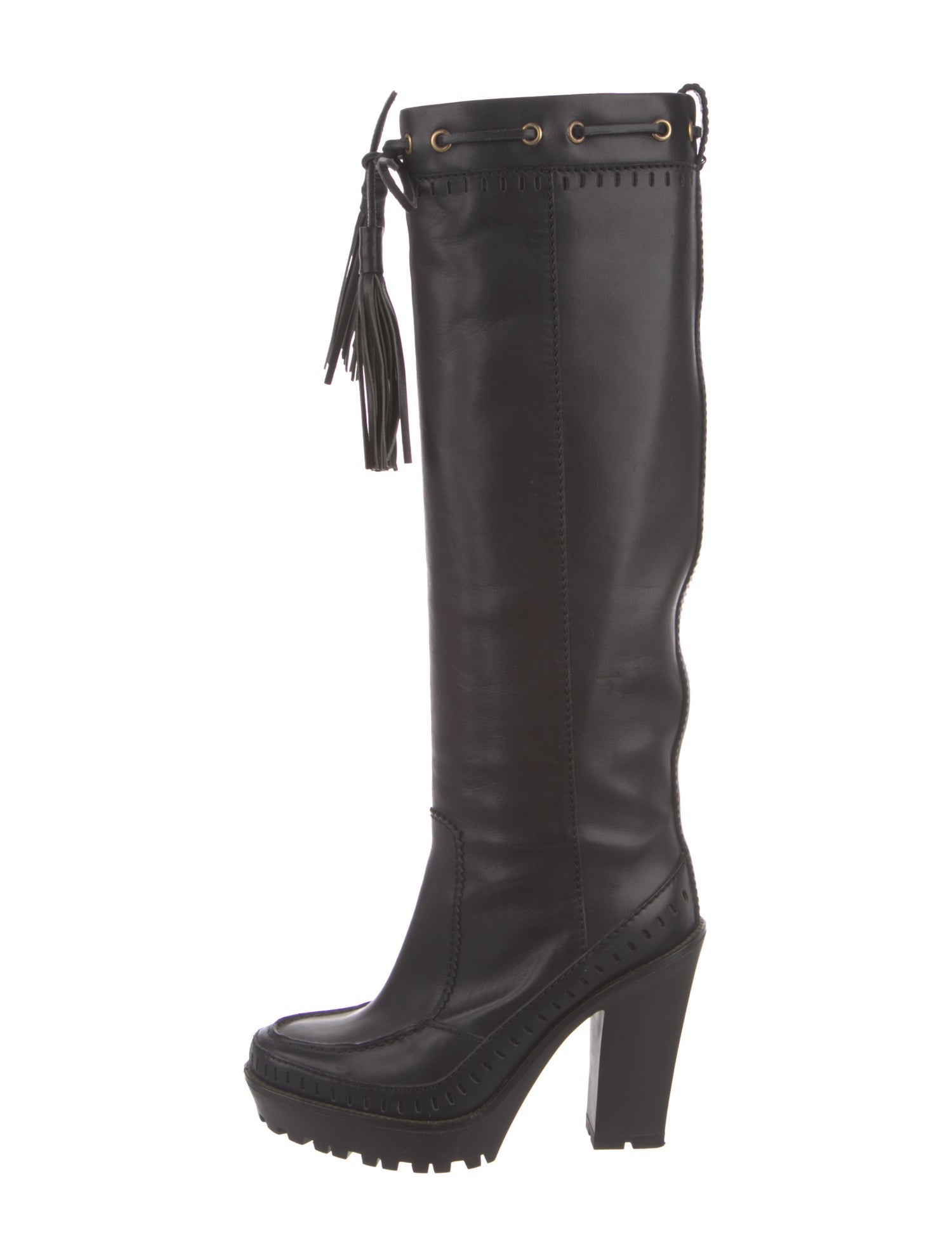Yves Saint Laurent Leather Tassel Accents Lace-Up Boots