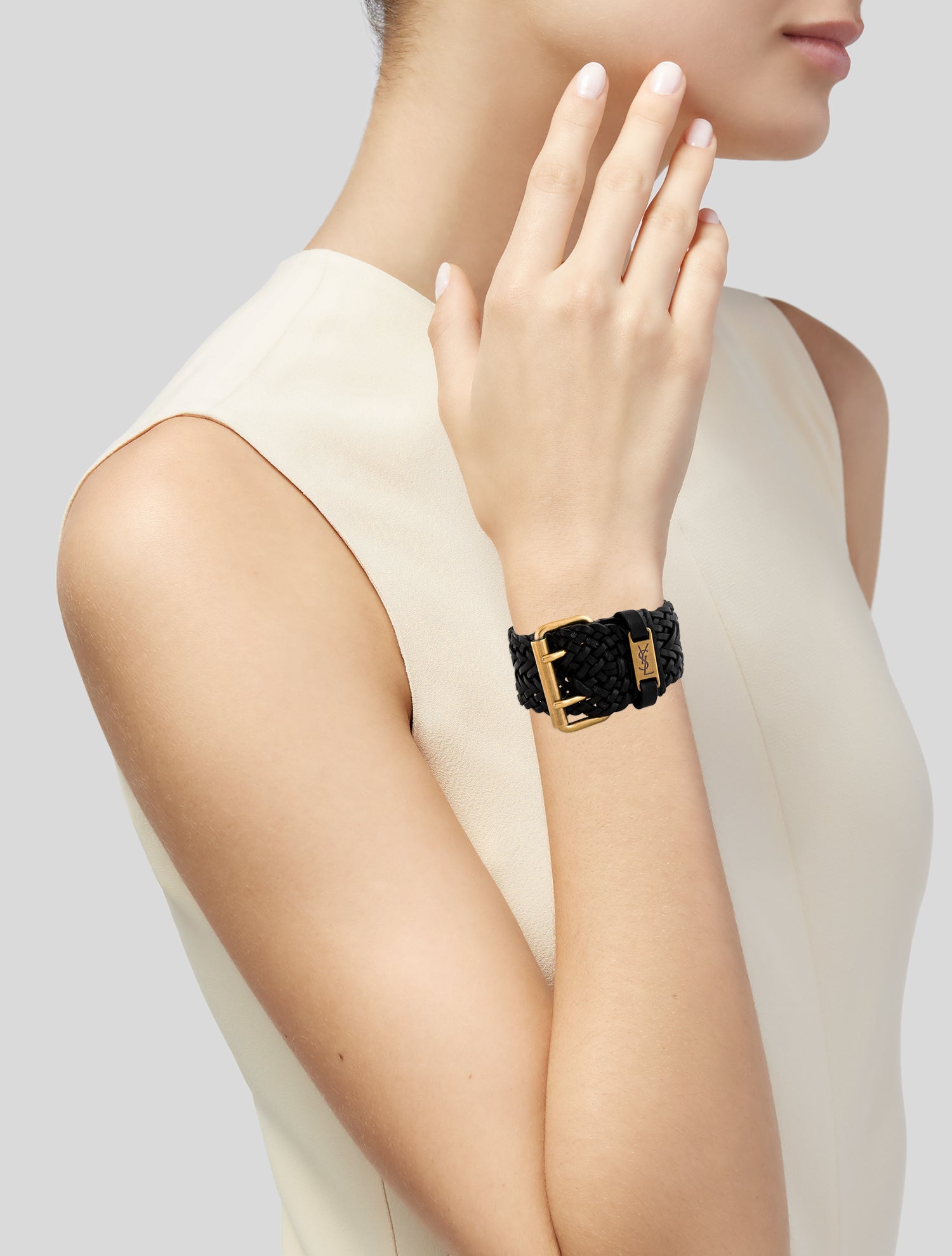 Yves Saint Laurent Braided Leather Buckle Wrap Bracelet