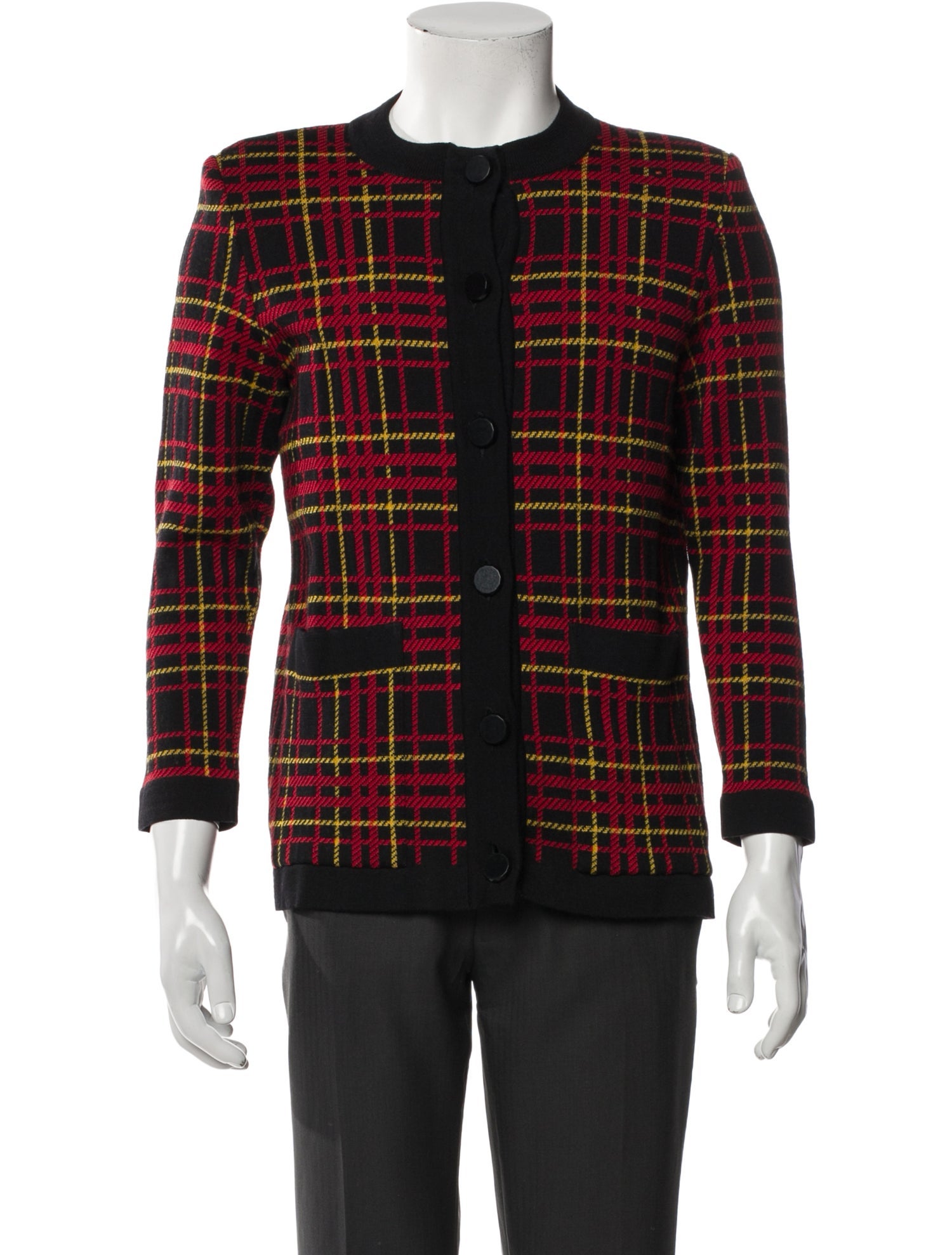 Yves Saint Laurent Wool Plaid Print Cardigan