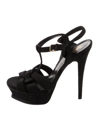 Yves Saint Laurent Suede Glitter Accents T-Strap Sandals