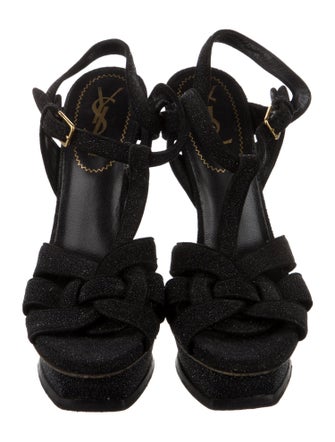 Yves Saint Laurent Suede Glitter Accents T-Strap Sandals