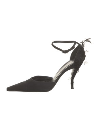 Yves Saint Laurent Rive Gauche Satin Feather Trim D'Orsay Pumps