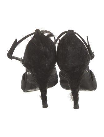 Yves Saint Laurent Rive Gauche Satin Feather Trim D'Orsay Pumps