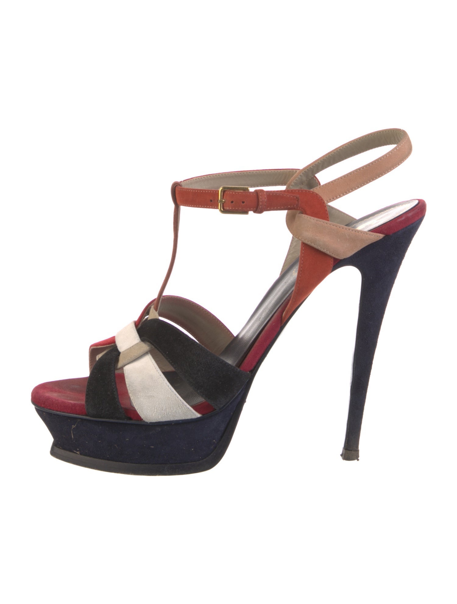 Yves Saint Laurent Suede Colorblock Pattern T-Strap Pumps
