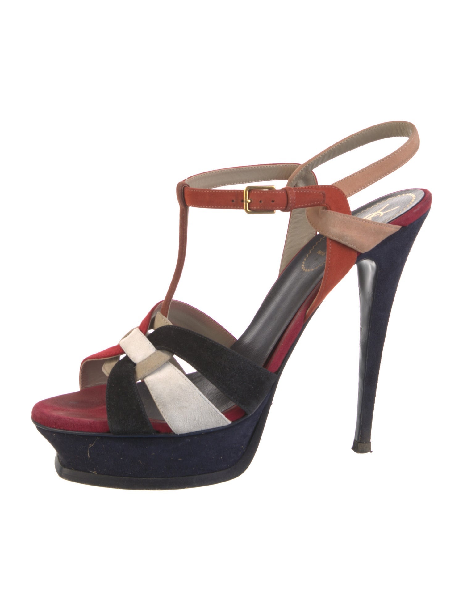 Yves Saint Laurent Suede Colorblock Pattern T-Strap Pumps