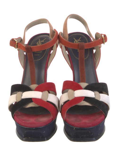 Yves Saint Laurent Suede Colorblock Pattern T-Strap Pumps