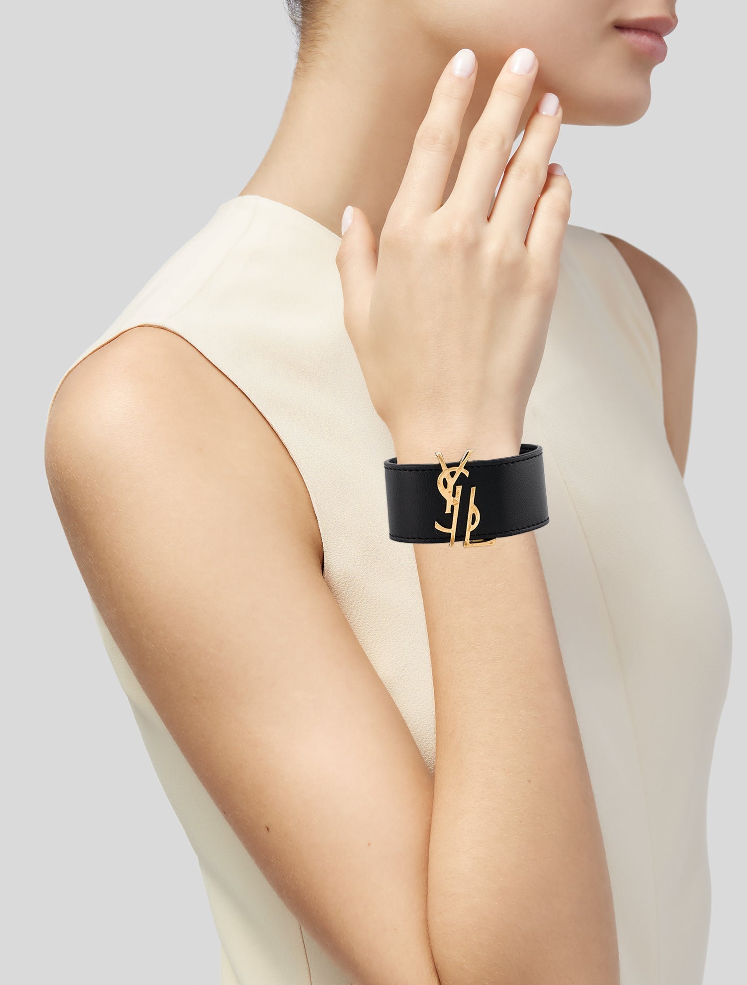 Yves Saint Laurent Leather Wide YSL Wrap Bracelet