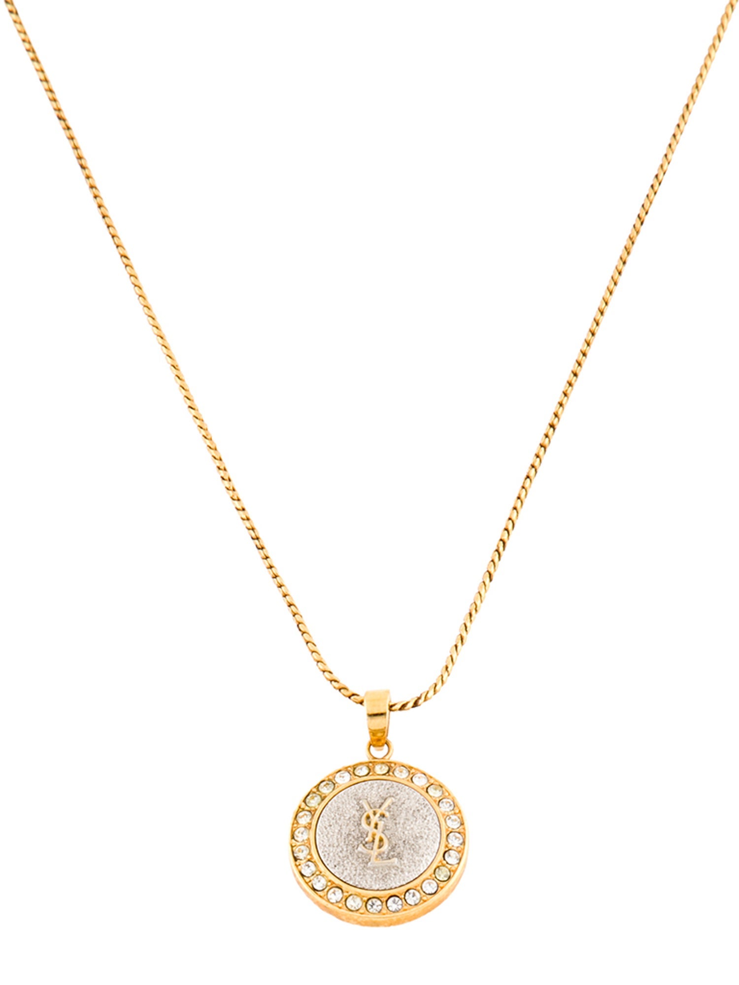 Yves Saint Laurent Vintage Crystal Logo Pendant Necklace