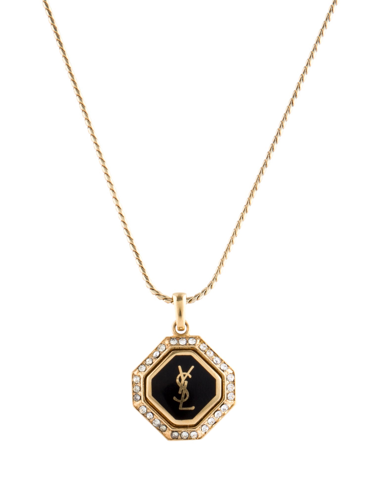 Yves Saint Laurent Vintage Crystal & Enamel Logo Pendant Necklace