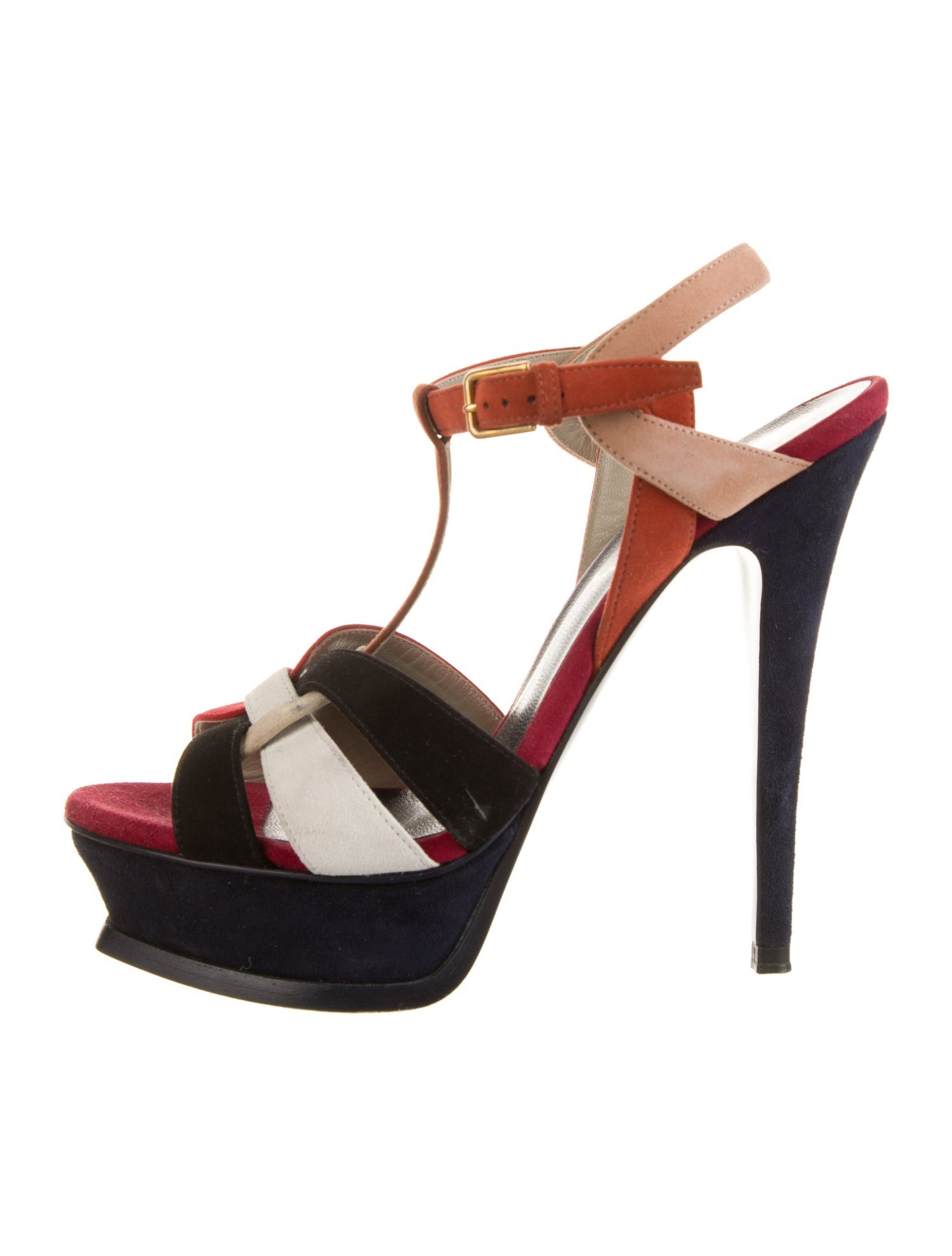 Yves Saint Laurent Suede Colorblock Pattern T-Strap Sandals