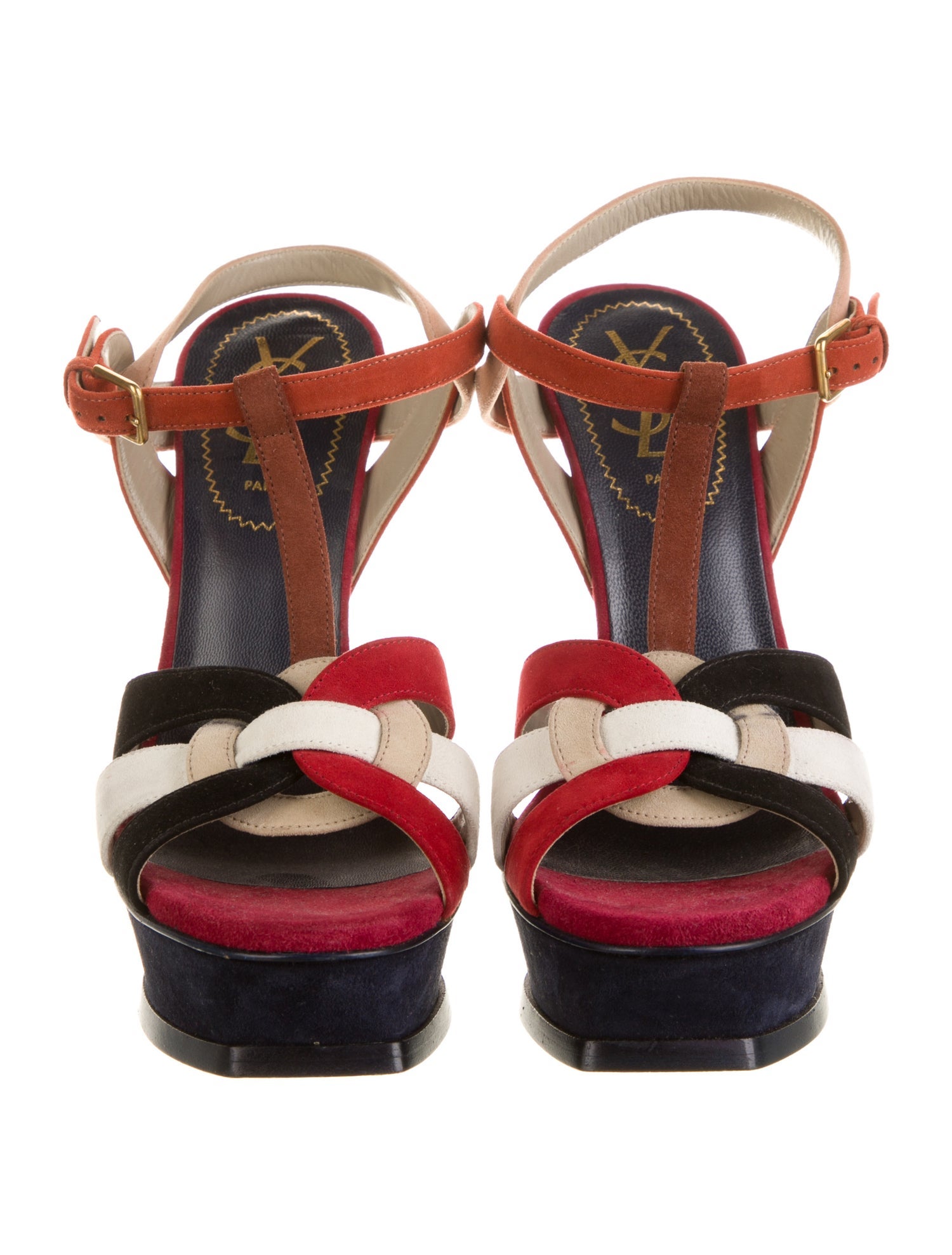 Yves Saint Laurent Suede Colorblock Pattern T-Strap Sandals