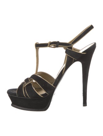 Yves Saint Laurent Suede Leather Trim Embellishment T-Strap Pumps