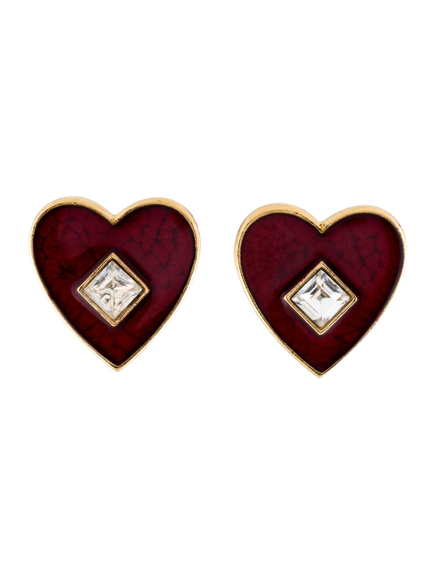 Yves Saint Laurent Enamel & Crystal Vintage Heart Clip-On Earrings