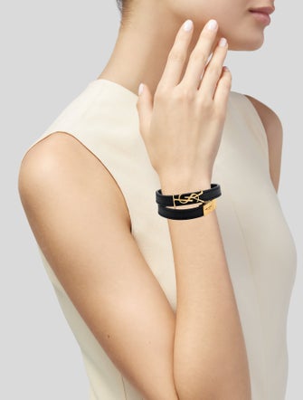Yves Saint Laurent Leather Logo Double Wrap Bracelet