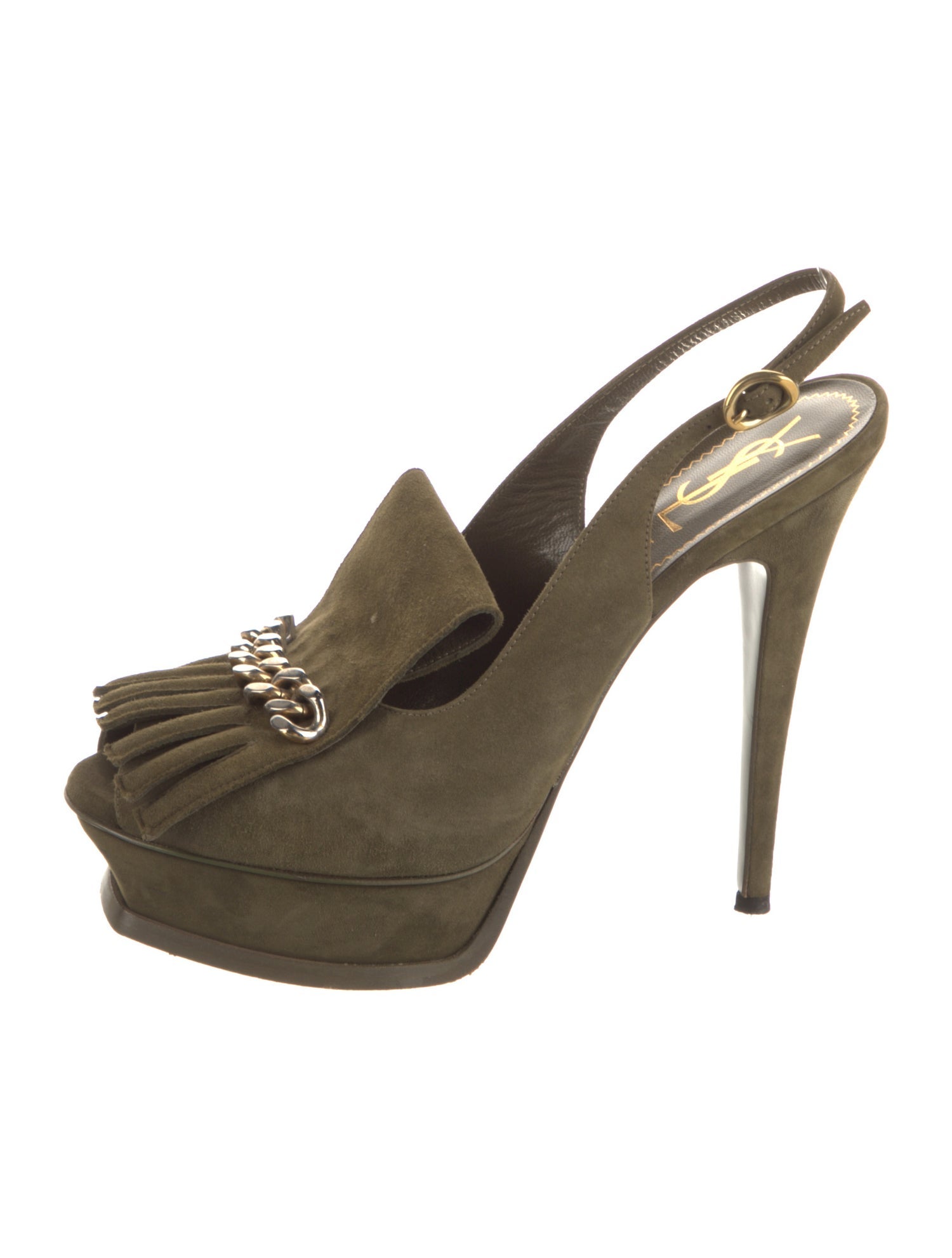 Yves Saint Laurent Chain-Link Accent Suede Slingback Pumps