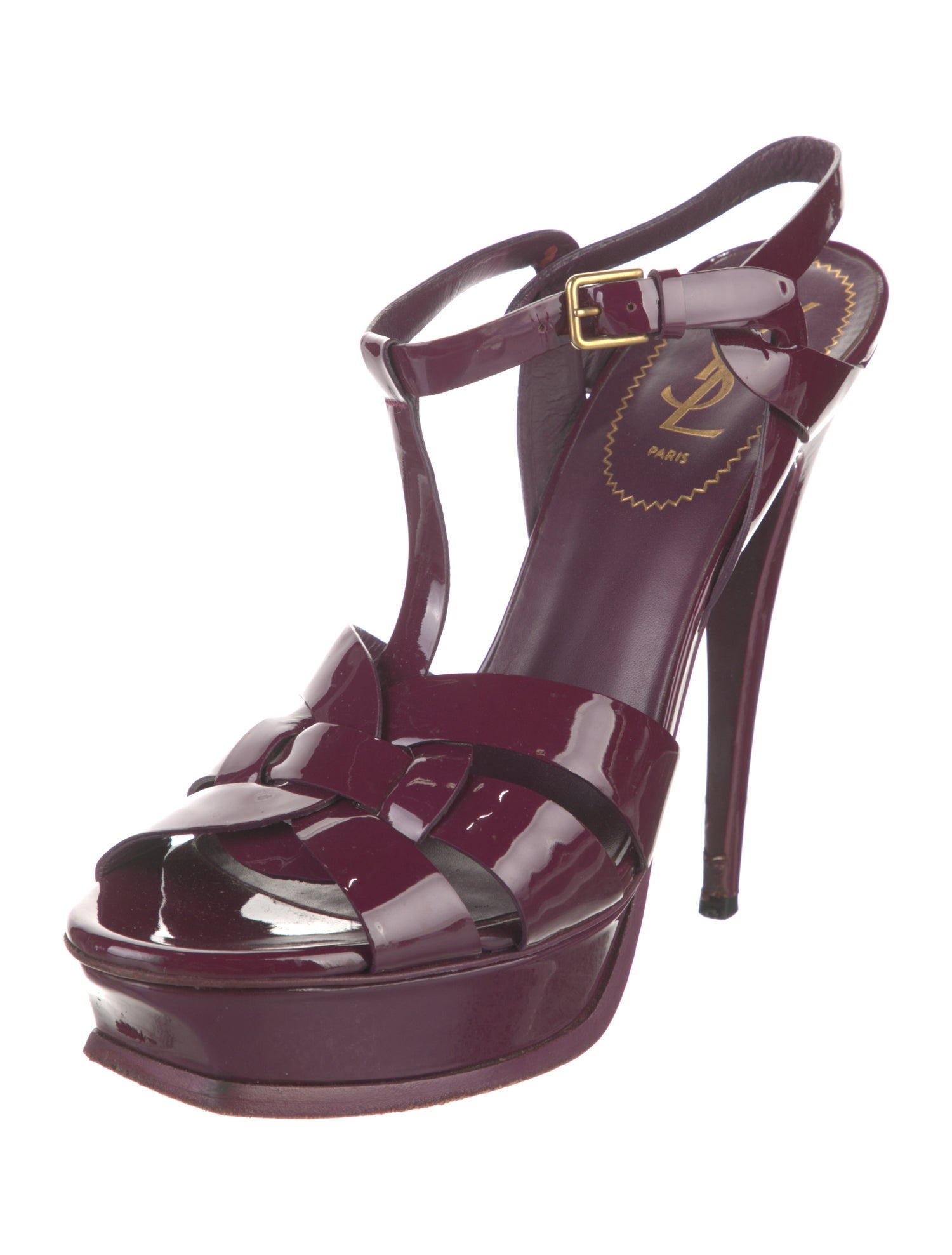 Yves Saint Laurent Patent Leather Cutout Accent T-Strap Sandals