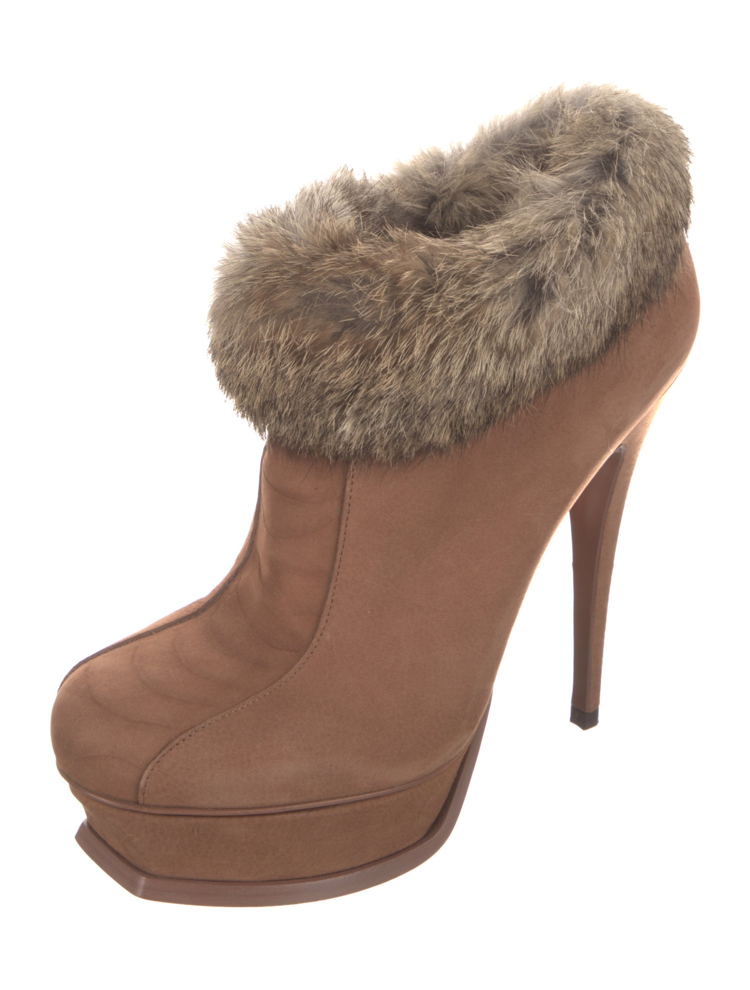 Yves Saint Laurent Suede Fur Trim Lace-Up Boots