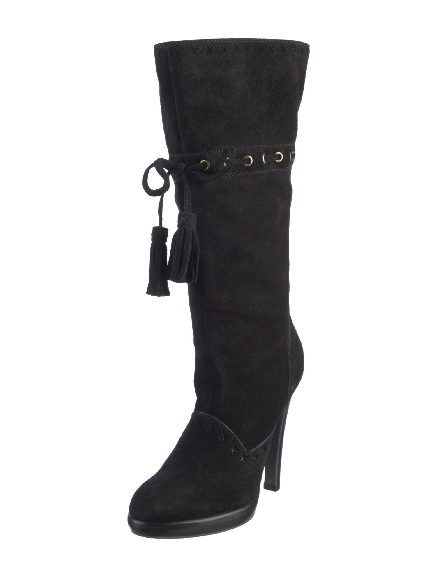 Yves Saint Laurent Suede Tassel Accents Lace-Up Boots